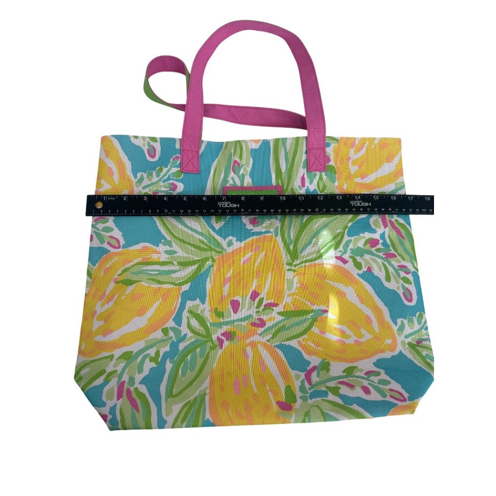 Lilly Pulitzer Estee Lauder Lemon Print Canvas Tote Bag Pink & Green Handles 16" - Picture 5 of 5
